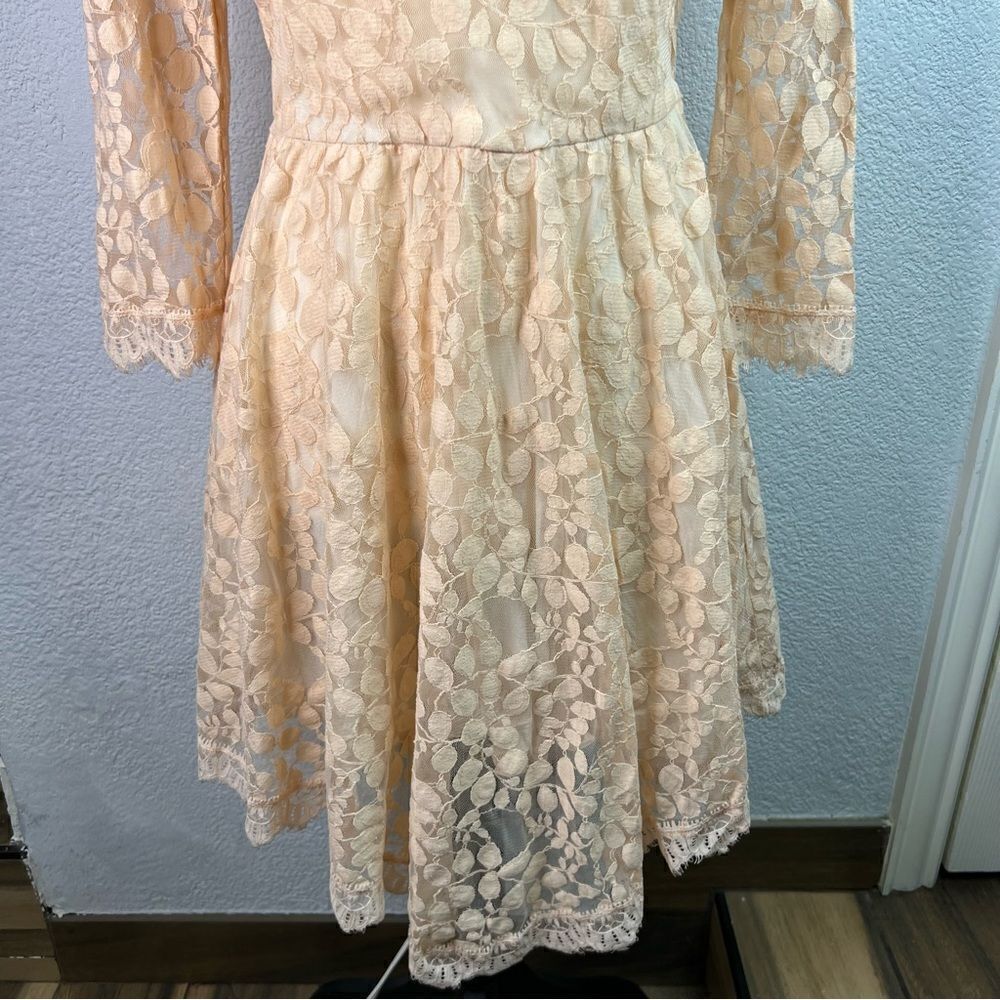 Free People Floral Mesh Lace Peach Lined Long Sleeve High Low Mini Dress Sz S - Picture 5 of 15